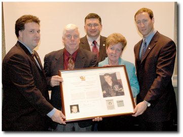 Conservative MP Gord Brown, Rod Moffitt Sr., Conservative MP James Bezan, Paulette Moffitt and Conservative MP and Deputy Leader Peter MacKay